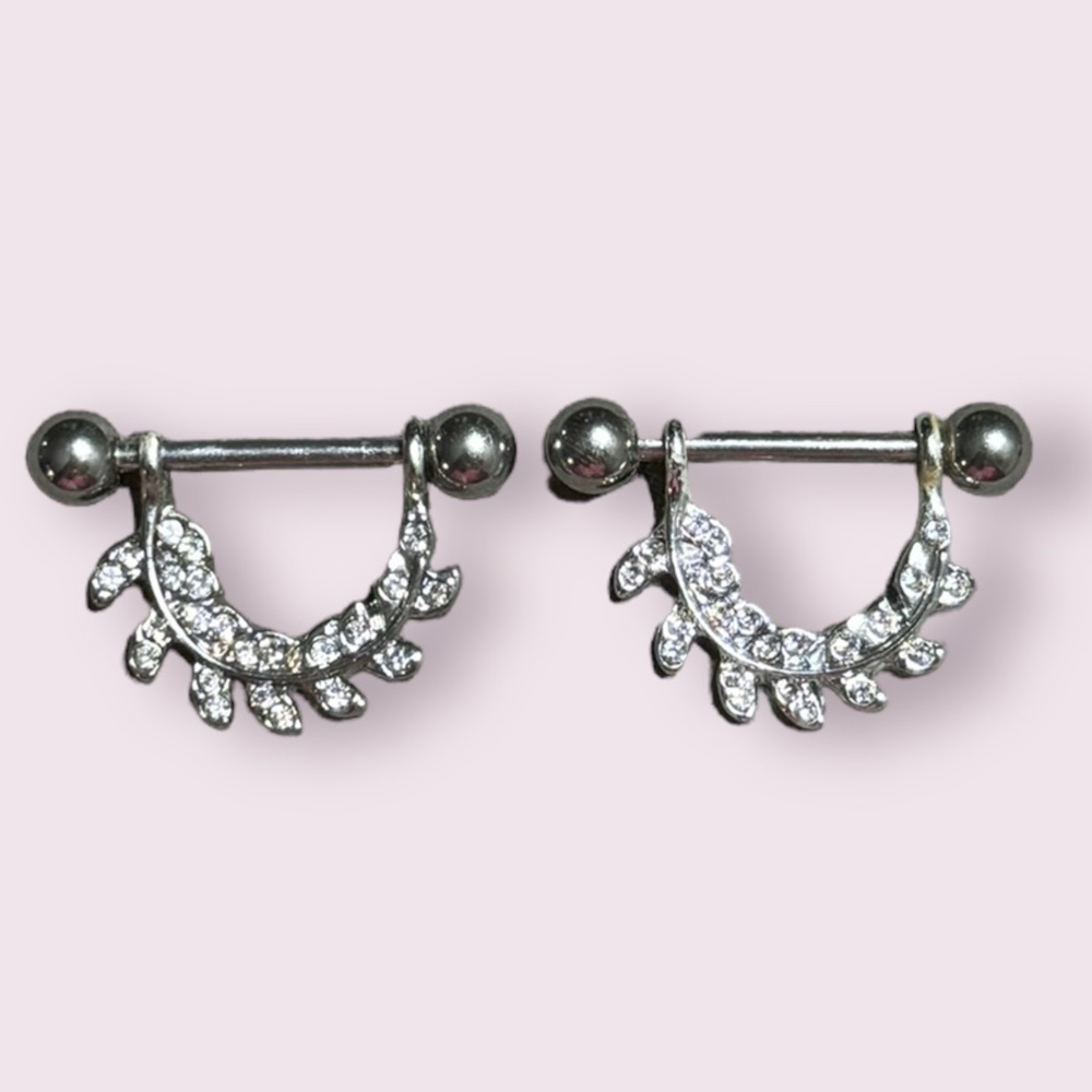 Silver Leaf Barbell Nipple Piercing Set Dangle Body Jewelry Pair